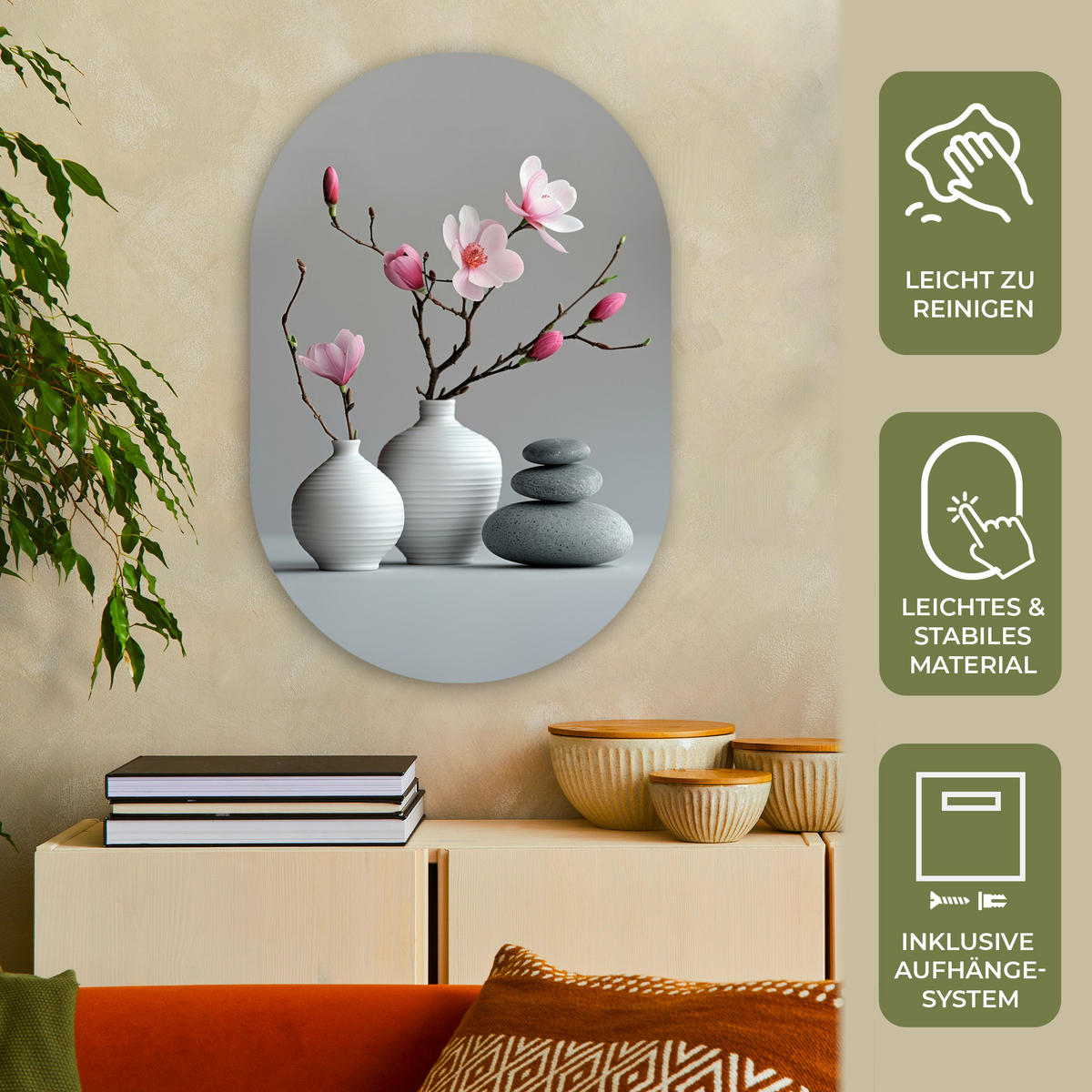 WANDBILD Magnolie - Blumen - Rosa - Zen-Steine 60x90 cm - Hellgrau, Kunststoff (60/90cm) - MuchoWow