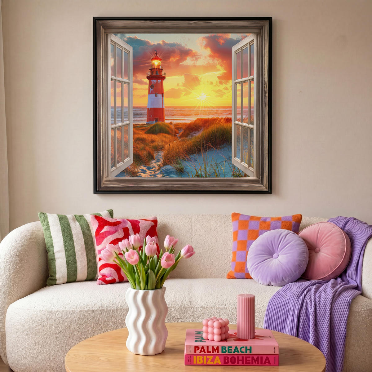 LEINWAND Bilder mit Rahmen - Aussicht - Fenster - Leuchtturm - Sonnenuntergang - Strand - 90x90 - Dunkelorange, Textil (90/90cm) - MuchoWow