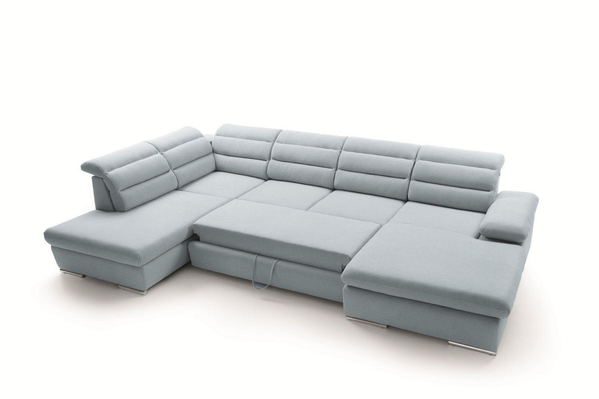 WOHNLANDSCHAFT RISO Blau Velours-Stoff mit Schlaffunktion - Blau, Holz (356/100/230cm) - MASSENO