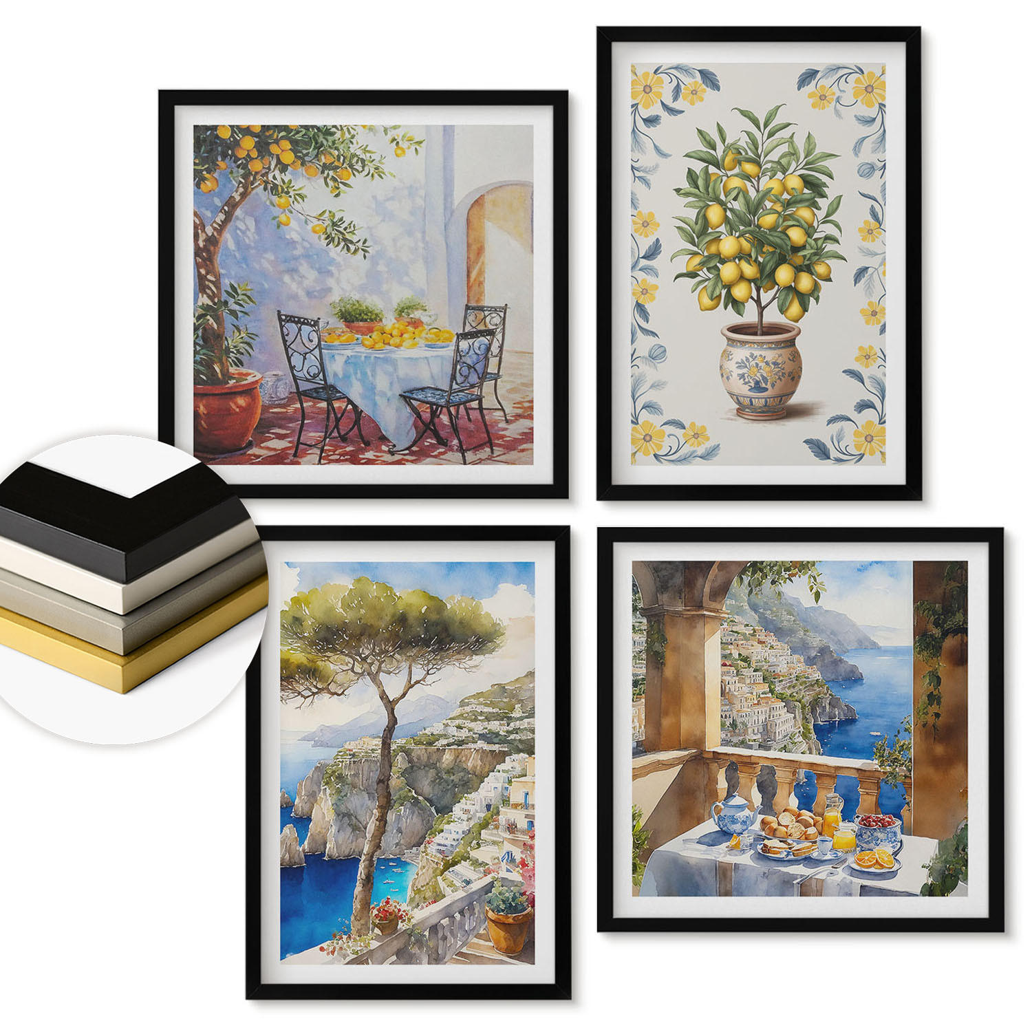 WANDBILDER 4er-Set - 50x50 cm & 40x60 cm Schwarzer Rahmen - Gemälde von Zitronenbäumen - Schwarz, Kunststoff (50/50cm) - ArtPrintCave