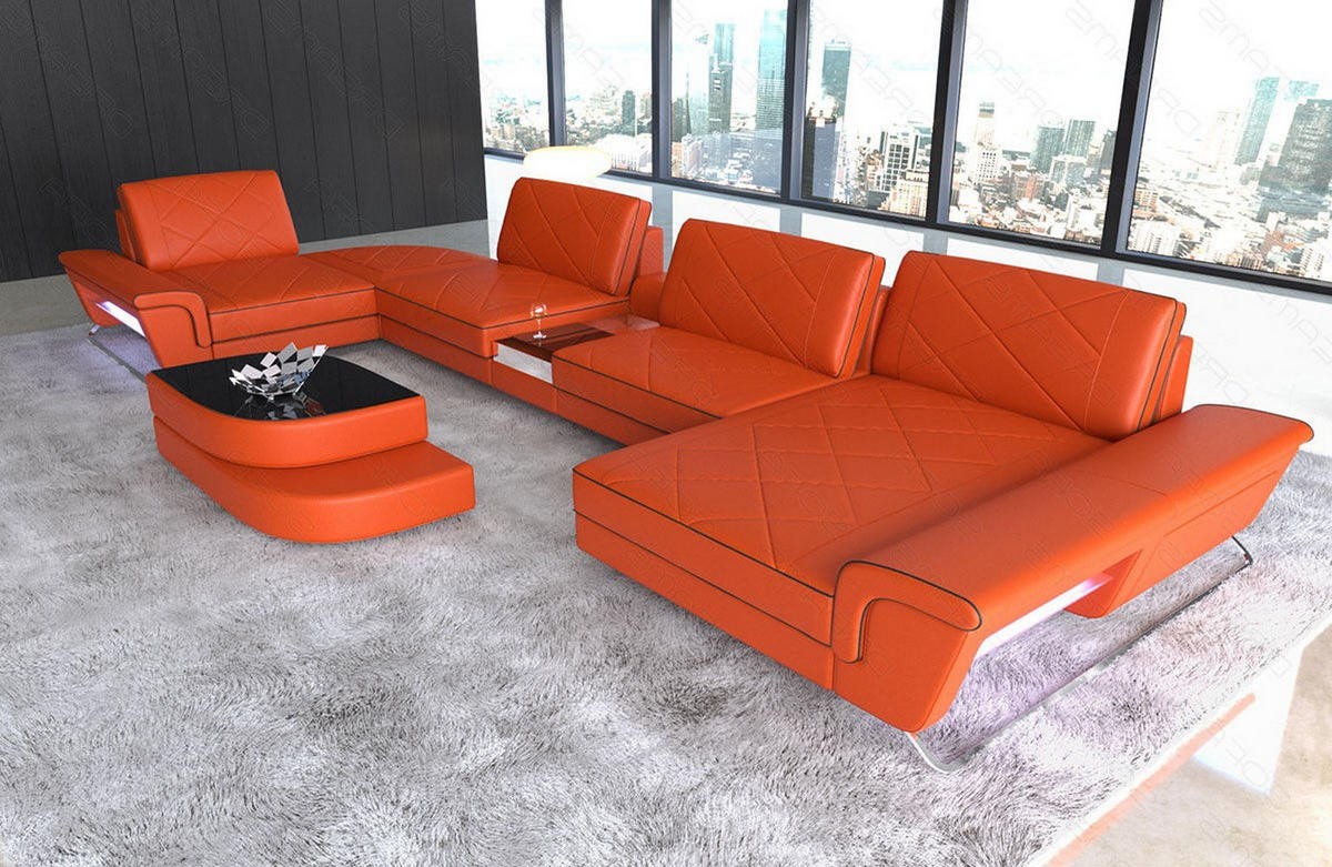 WOHNLANDSCHAFT Bari U - Orange, Leder (456/89/243cm) - Sofa Dreams