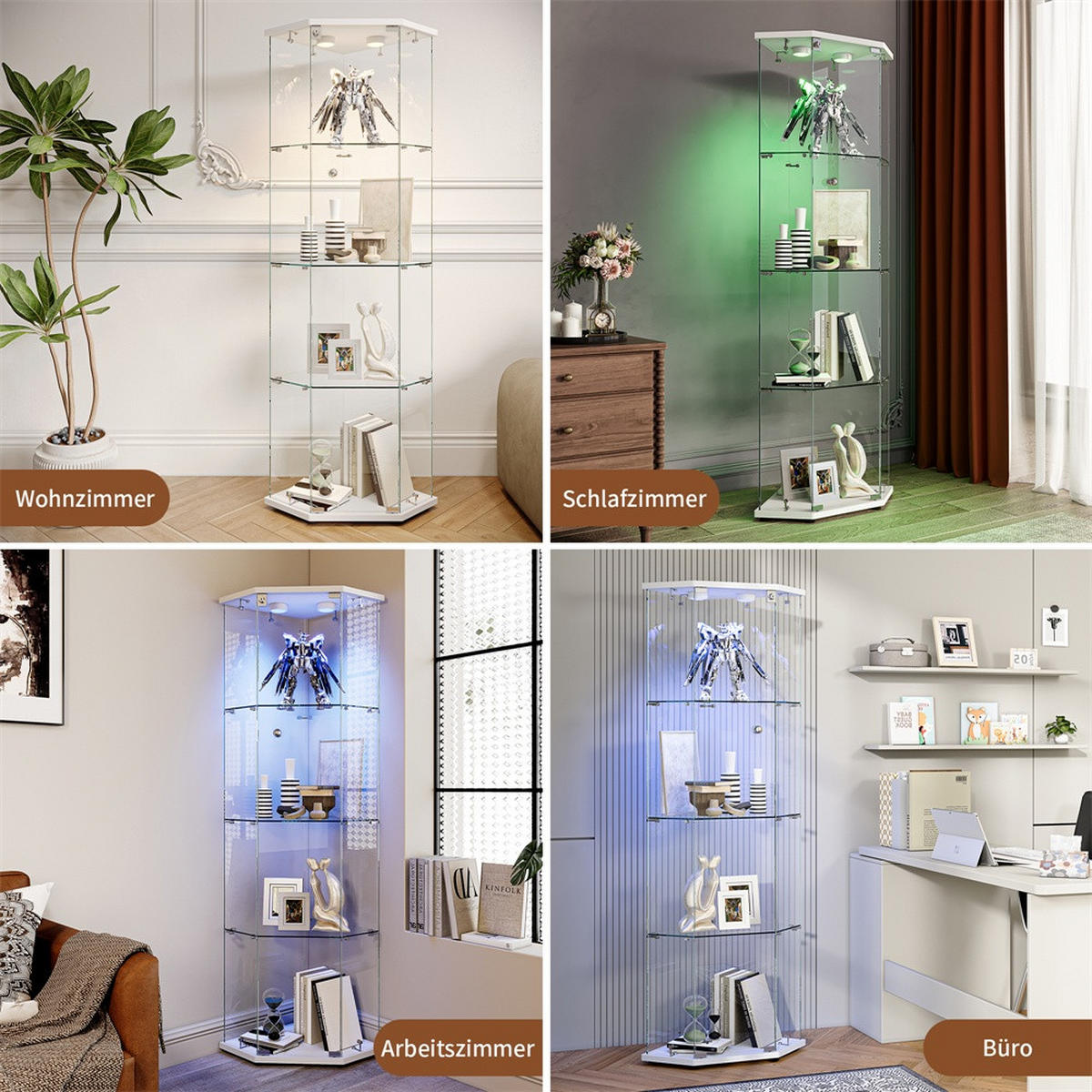 VITRINE mit LED Beleuchtung - Eckvitrine mit 4 Ebenen und 1 Tür - Glaskvitrine mit Schloss - Weiß - Weiß, Glas (60/162/42.5cm) - DELFA