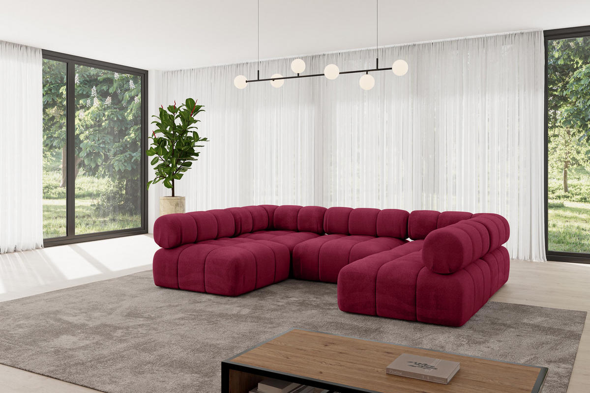 WOHNLANDSCHAFT modulares Sofa Garvo-U1 - 285x190x70 cm Bordeauxrot Velours - Bordeaux, Holzwerkstoff/Textil (285/70/190cm) - ALTDECOR