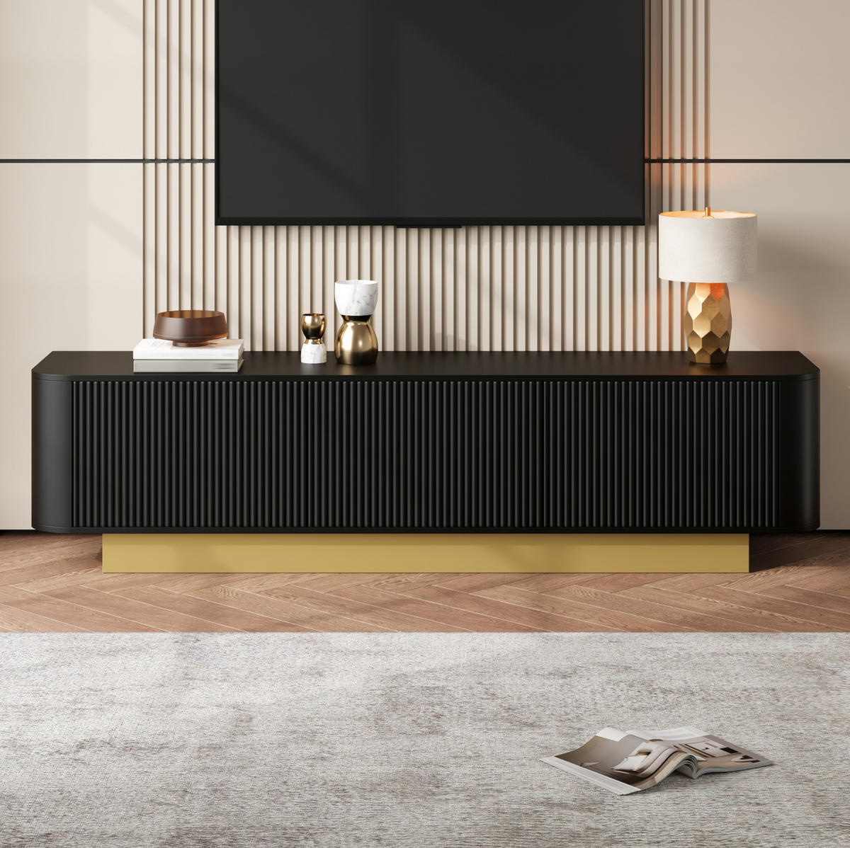 TV-LOWBOARD aus MDF und Spanplatte 170x40,5x47 cm Schwarz mit Kabelmanagement und 3 Türen - Schwarz, Holzwerkstoff (170/47/40.5cm) - Modfu