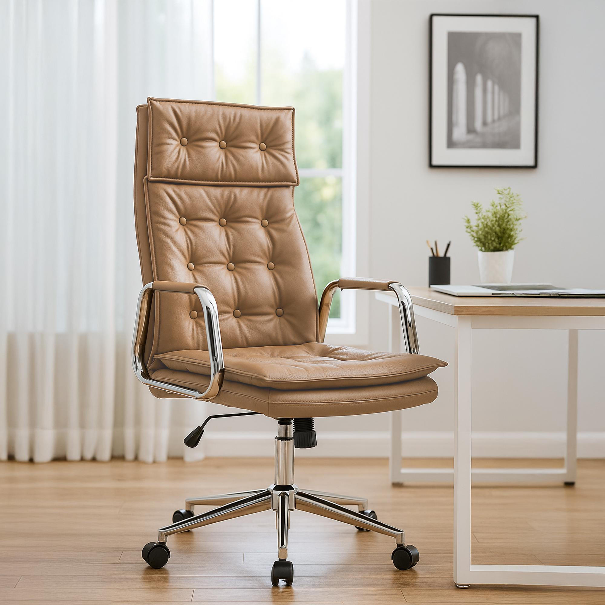 CHEFSESSEL Echtleder Hellbraun - Chromfarben/Hellbraun, Leder/Metall (60/111/65cm) - CLP