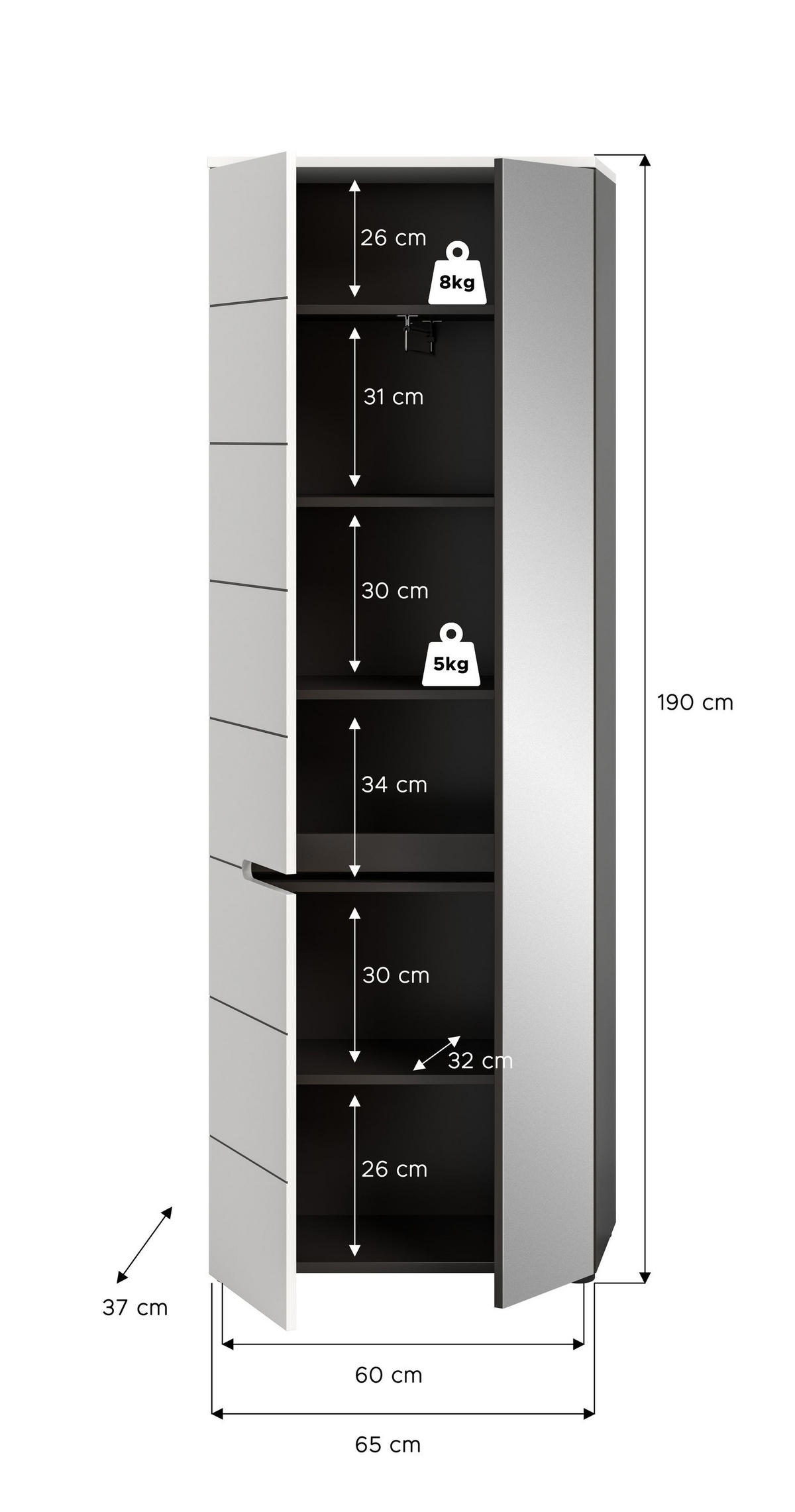 GARDEROBENSCHRANK CANU (B/H/T: ca. 65/190/37 cm) in Basalt grau/weiß - Anthrazit, Holzwerkstoff (65/190/37cm)