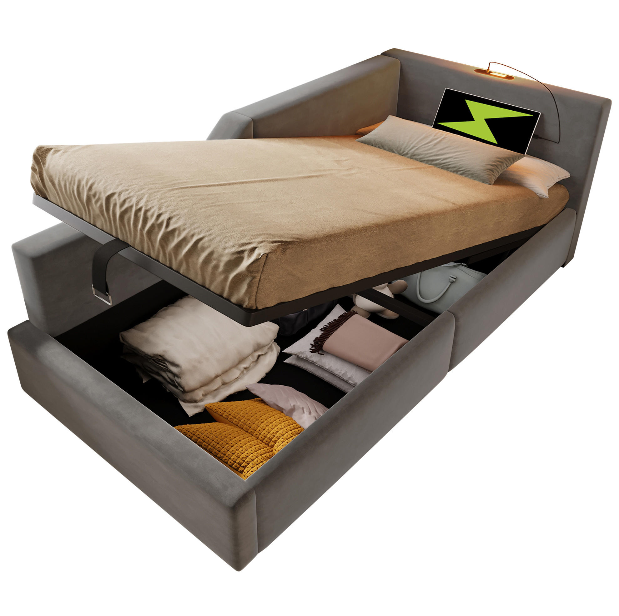 POLSTERBETT 90/200 cm in Grau mit Stauraum, Leselicht und USB- und Type-C-Anschlüssen - Grau, Textil (90/200cm) - Flora Grace