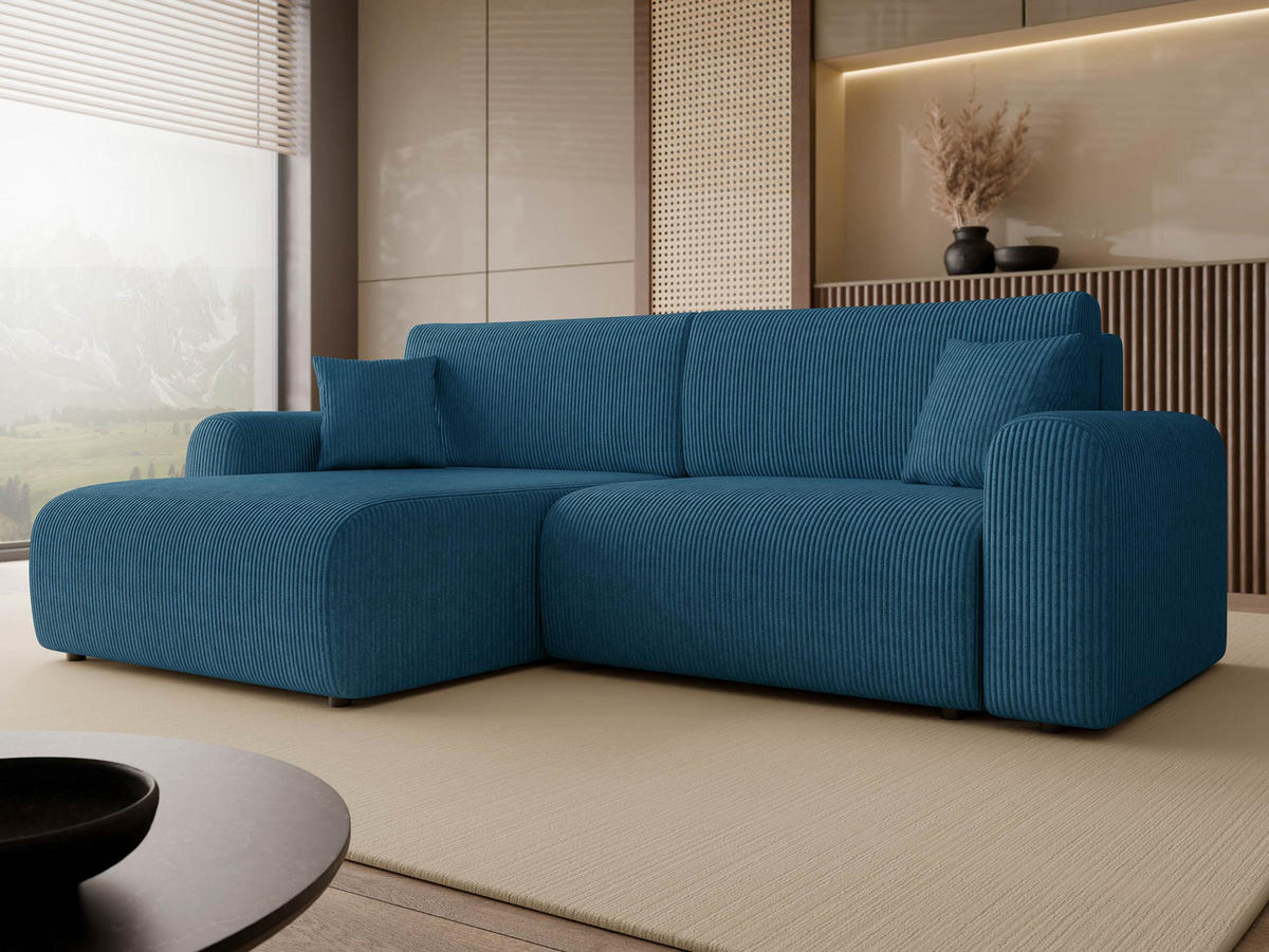 ECKSOFA Floryn L Cord - Blau/Schwarz, Holz/Kunststoff (245/145cm) - MIRJAN24