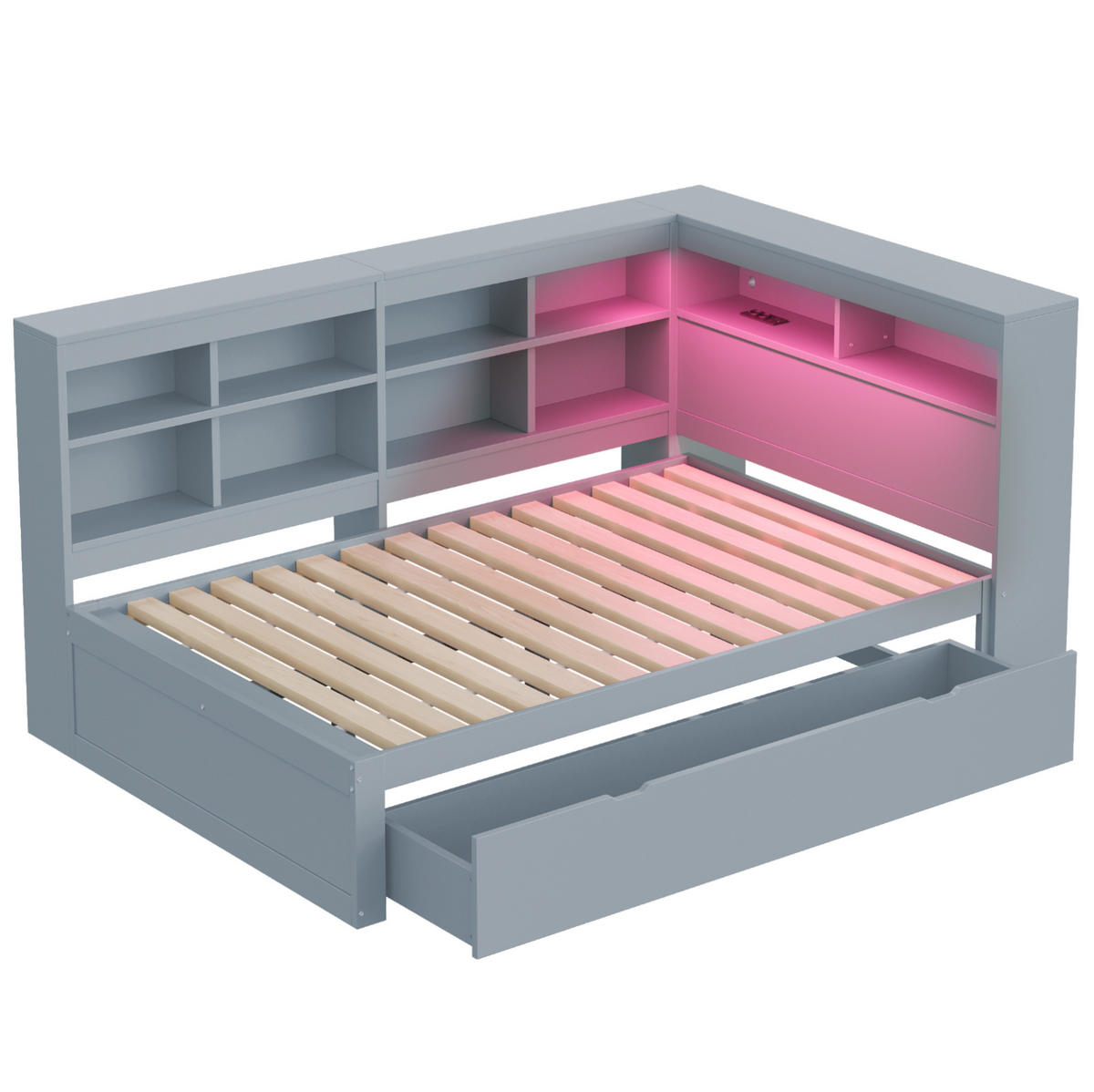 RAHMENBETT 140/200 cm in Grau mit Stauraum, LED-Beleuchtung und USB - Grau, Holz (140/200cm) - Flora Grace