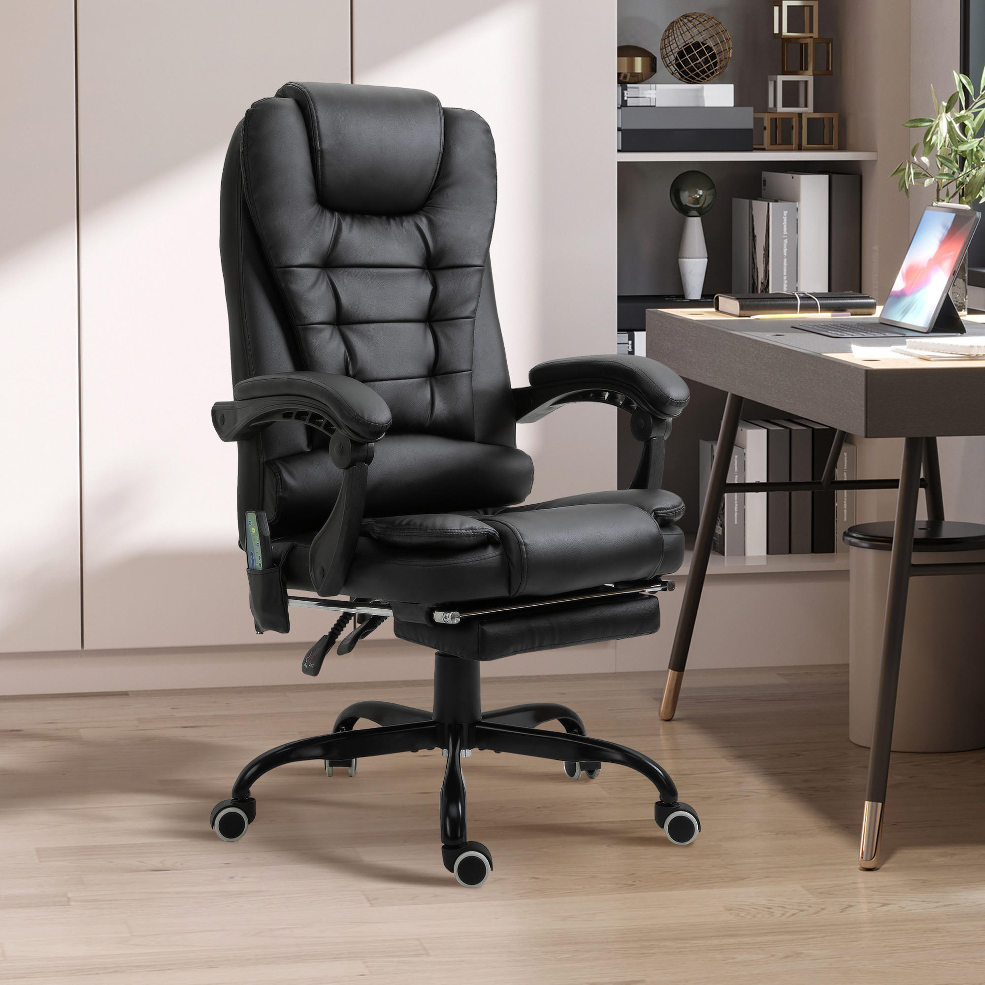 CHEFSESSEL Chefsessel mit Fußstütze Rückenpolster einstellbar PVC Schwarz - Schwarz, Kunststoff/Metall (79/121/67cm) - Vinsetto