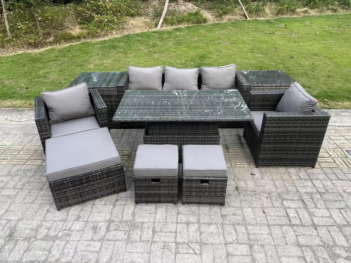 GARTENTISCHGRUPPE Polyrattan 8-Sitzer - Dunkelgrau/Grau, Glas/Kunststoff - Fimous