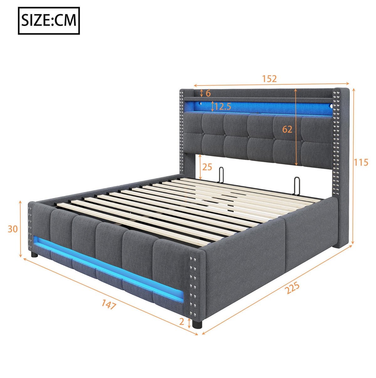 POLSTERBETT mit Stauraum und LED 140x200 cm Grau - Grau, Metall (140/200cm) - Meubliv