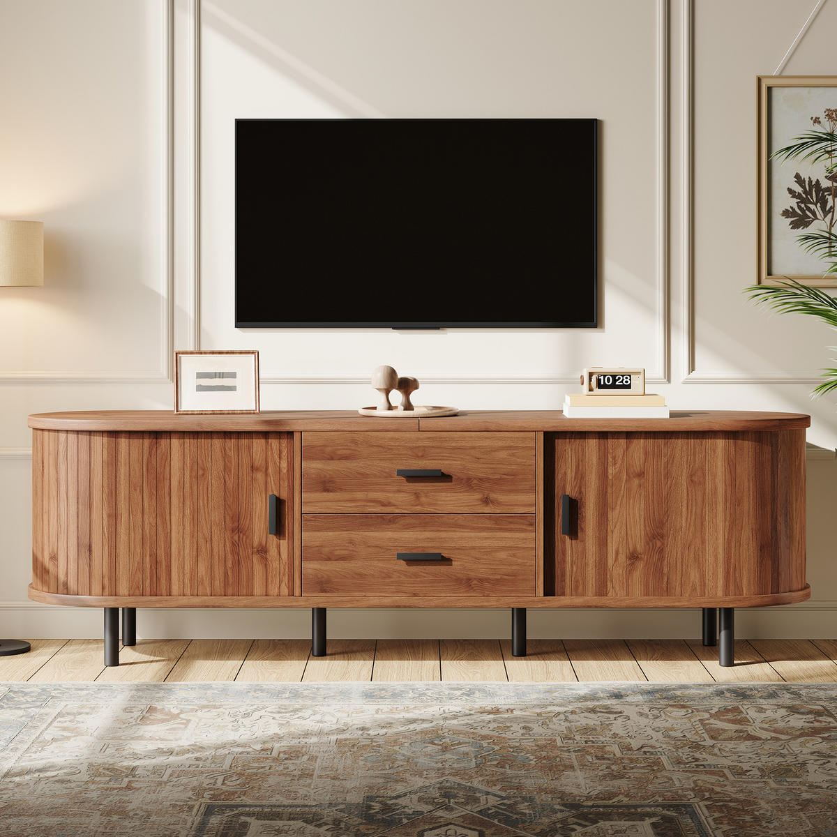 TV-SCHRANK 160/40/55 cm Walnussholzfarbe mit 2 Schublade und Schiebetüren - Nussbaumfarben/Schwarz, Holz/Holzwerkstoff (160/55/40cm) - Oxeza
