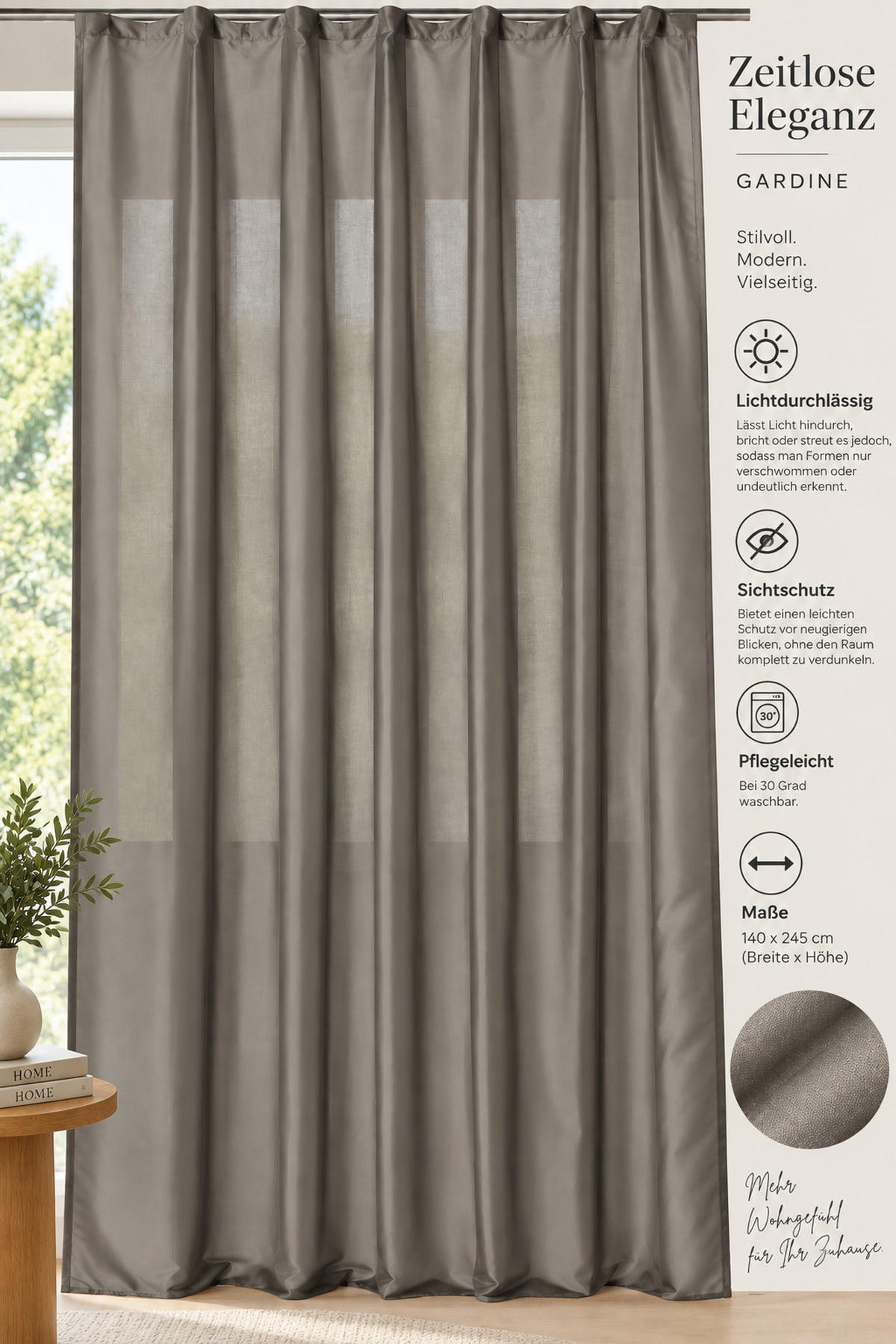 VORHANG Kräuselband 140/245 cm Taupe Wildseiden Optik - Taupe, Textil (140/245cm) - TiborTex