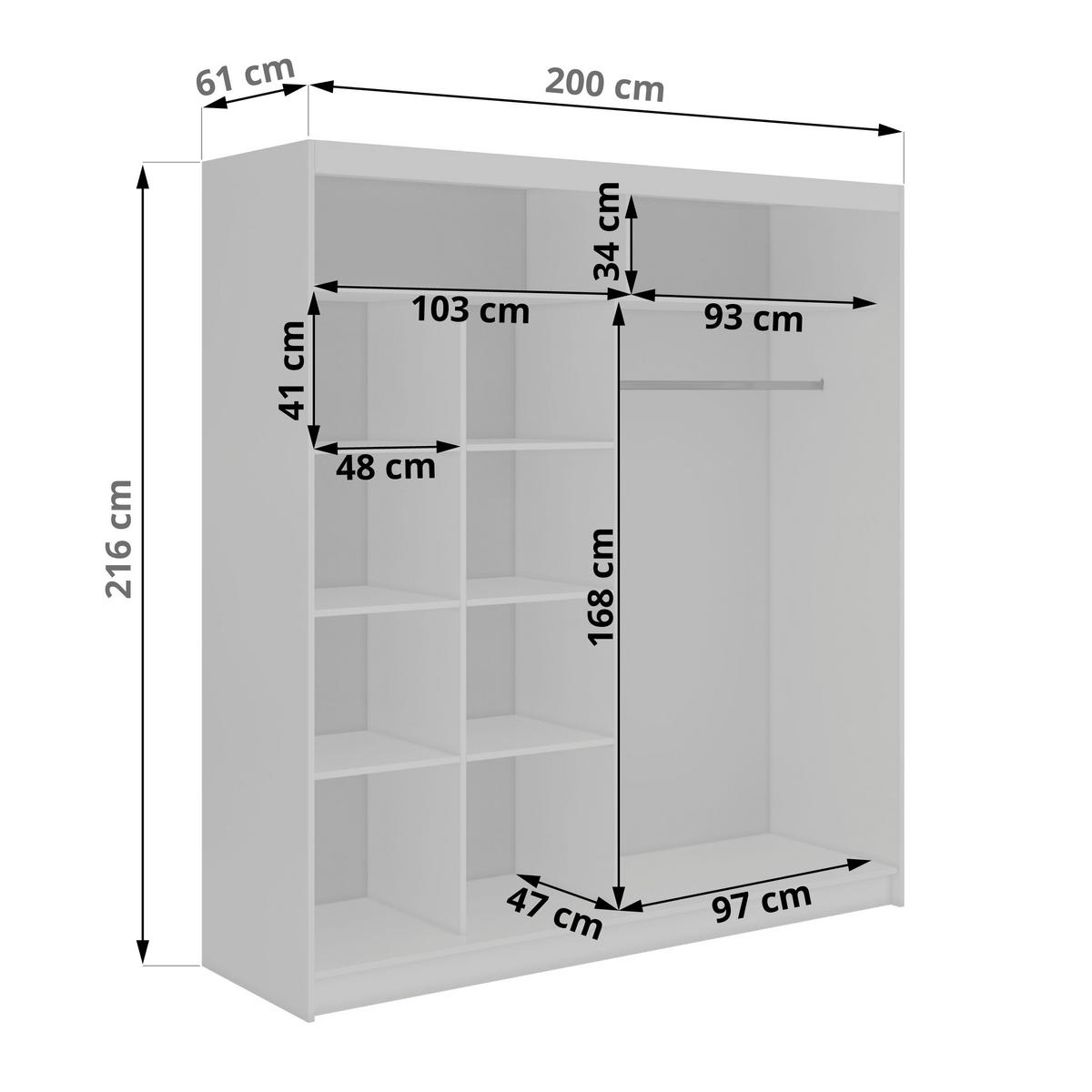 SCHWEBETÜRENSCHRANK 200 - VERONA - Weiß mit Spiegel - Alufarben/Weiß, Holzwerkstoff/Metall (200/216/61cm) - MKS