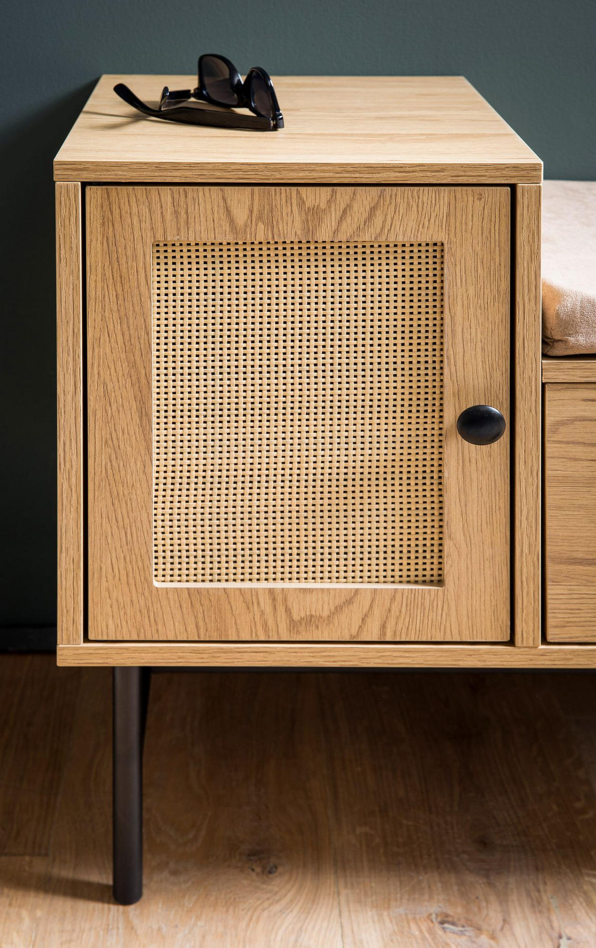 SCHUHBANK – Eiche-Dekor, 100x60x38 cm, Rattan-Elemente, gepolstert, mit Stauraum - Beige/Schwarz, Textil/Metall (100/60/38cm) - KADIMA DESIGN