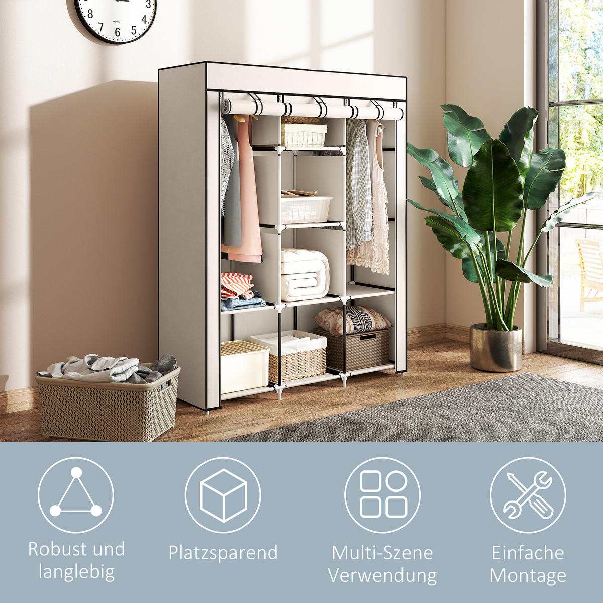 STOFFSCHRANK, Faltschrank, Kleiderschrank mit Kleiderstangen, 8 Ebenen Cremeweiß - Weiß, Metall (43/162.5/125cm) - HOMCOM
