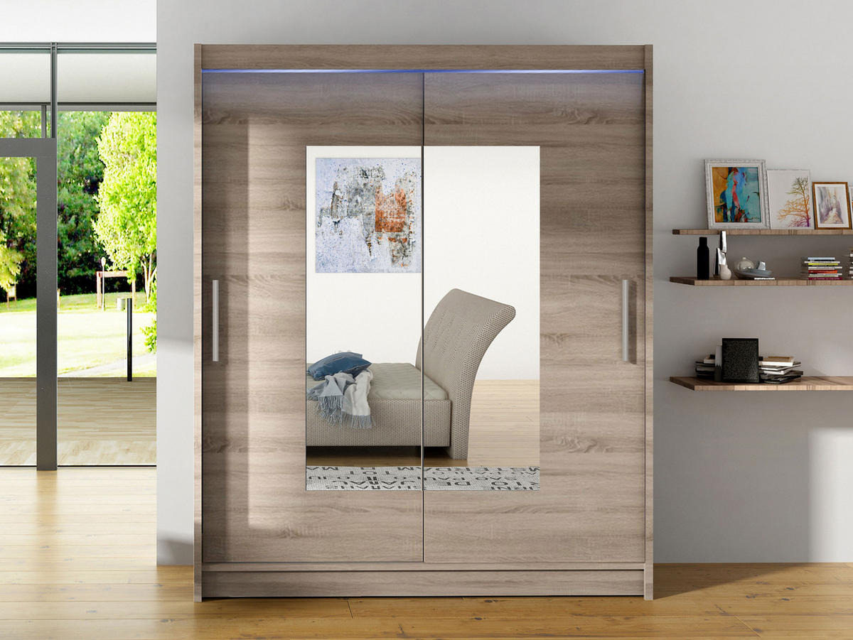 SCHWEBETÜRENSCHRANK Westa III, mit RGB LED Beleuchtung - Silberfarben/Trüffeleichefarben, Holzwerkstoff/Metall (150/200/58cm) - MIRJAN24