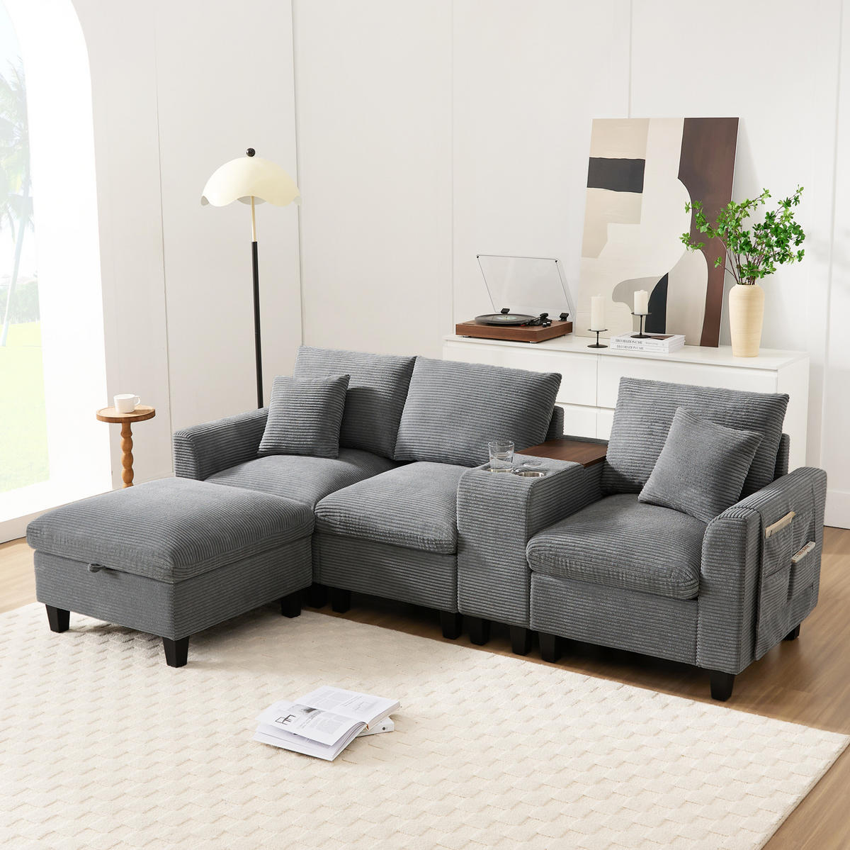 ECKSOFA L-Form 4-Sitzer mit USB-Anschlüssen & Armlehnen Aufbewahrungstaschen Cord Grau 229/149,5/83 cm - Grau, Textil (229/149.5cm) - OKWISH
