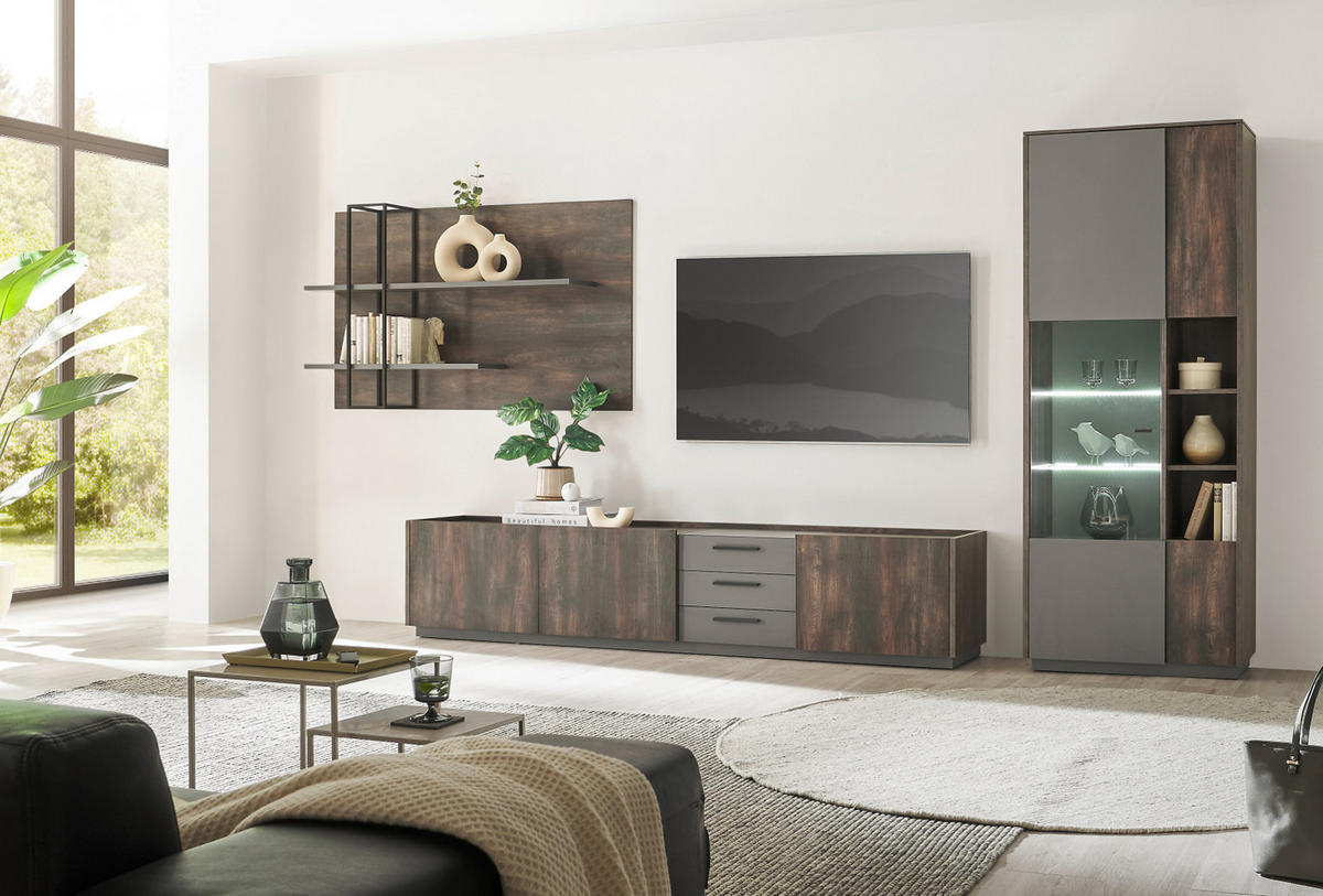 VITRINE Piano in Eiche und grau 80 x 200 cm - Eichefarben/Schwarz, Glas/Holzwerkstoff (80/200/40cm) - Furn.Design
