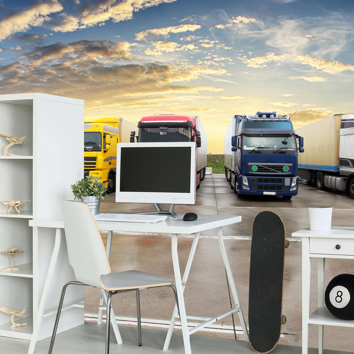 FOTOTAPETE für Wohnzimmer Lastwagen Parken Sonnenuntergang 400x280 - Gelb/Rot, Papier (400/280cm) - Muralo