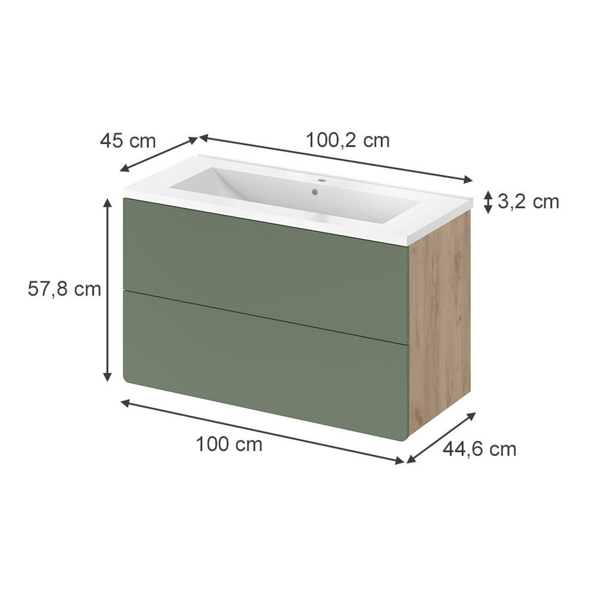KOUPELNOVÝ NÁBYTEK Izan, Zelená/Zlatý mocný dub, 2dílná - medově dubová/zelená barva, kompozitní dřevo (100/57.8/44.6cm) - Vicco