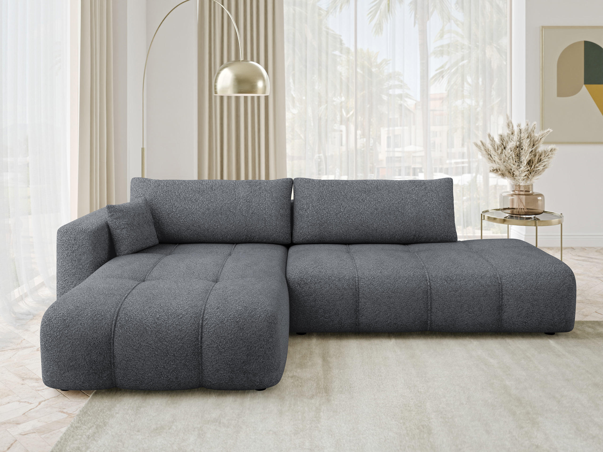 ECKSOFA Furyn O Boucle, Seite: Links - Dunkelgrau/Schwarz, Holzwerkstoff/Kunststoff (262/145cm) - MIRJAN24