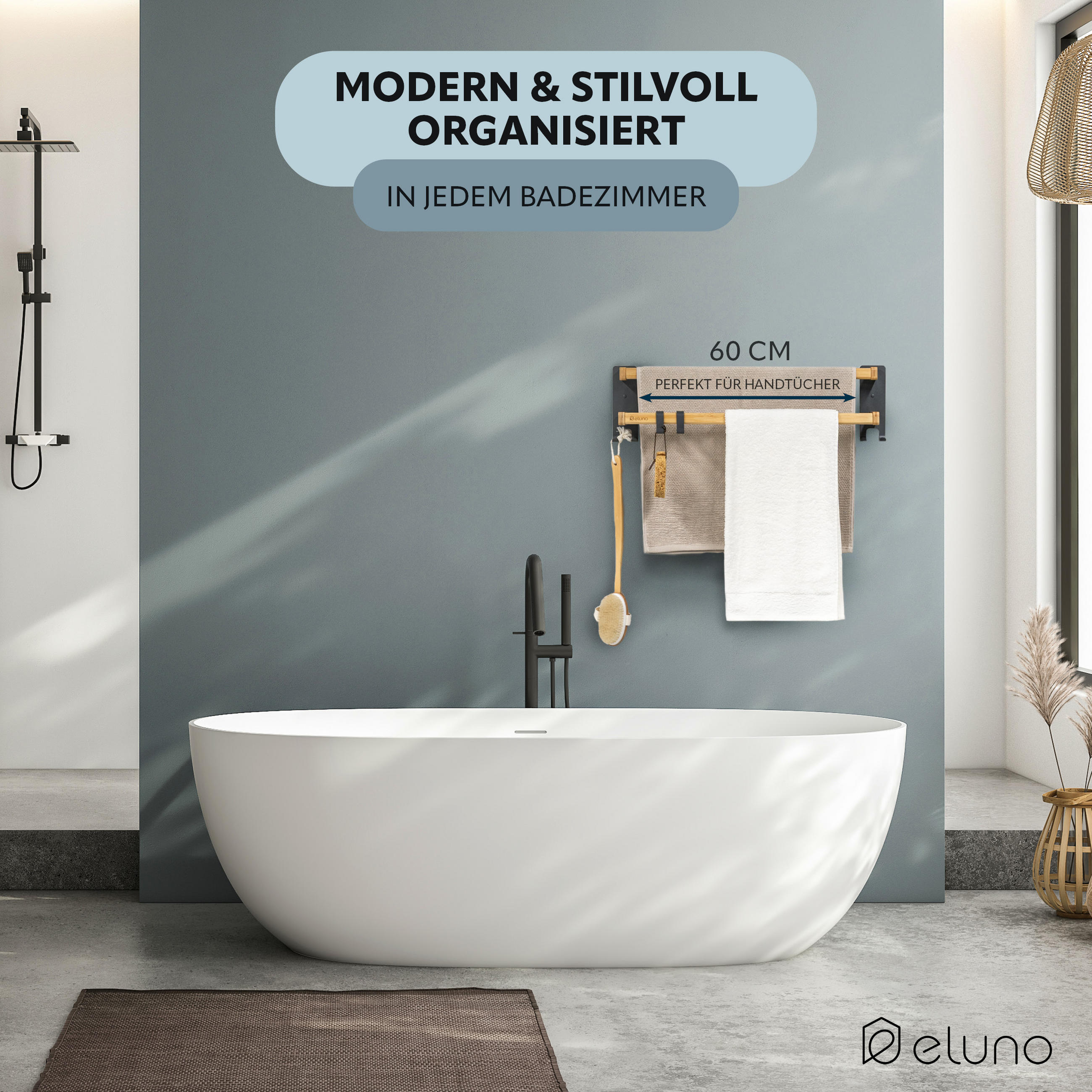 HANDTUCHHALTER, Metall grau mit Bambus - Grau, Holz (64.5/18/12cm) - eluno