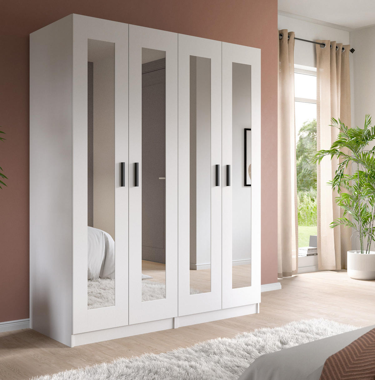 KLEIDERSCHRANK in weiß 160 x 194 cm skandinavisch, Drehtürenschrank 4-türig mit Spiegel - Schwarz/Weiß, Glas/Holzwerkstoff (160/194/56cm) - Inn.Furn