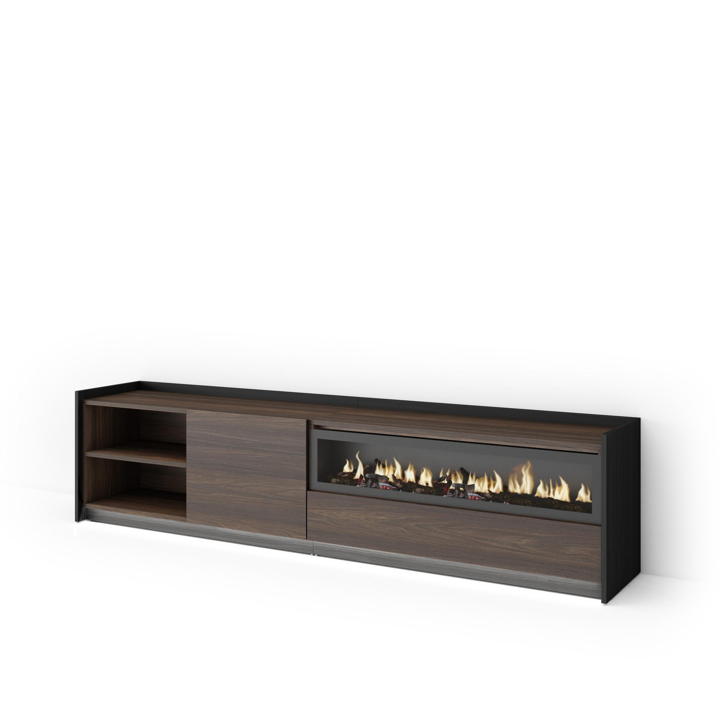 LOWBOARD, Eiche und Schwarz, 207/37/50cm, Kamin mit Feuereffekt - Dunkelbraun, Holzwerkstoff (207/50/37cm) - Skraut Home
