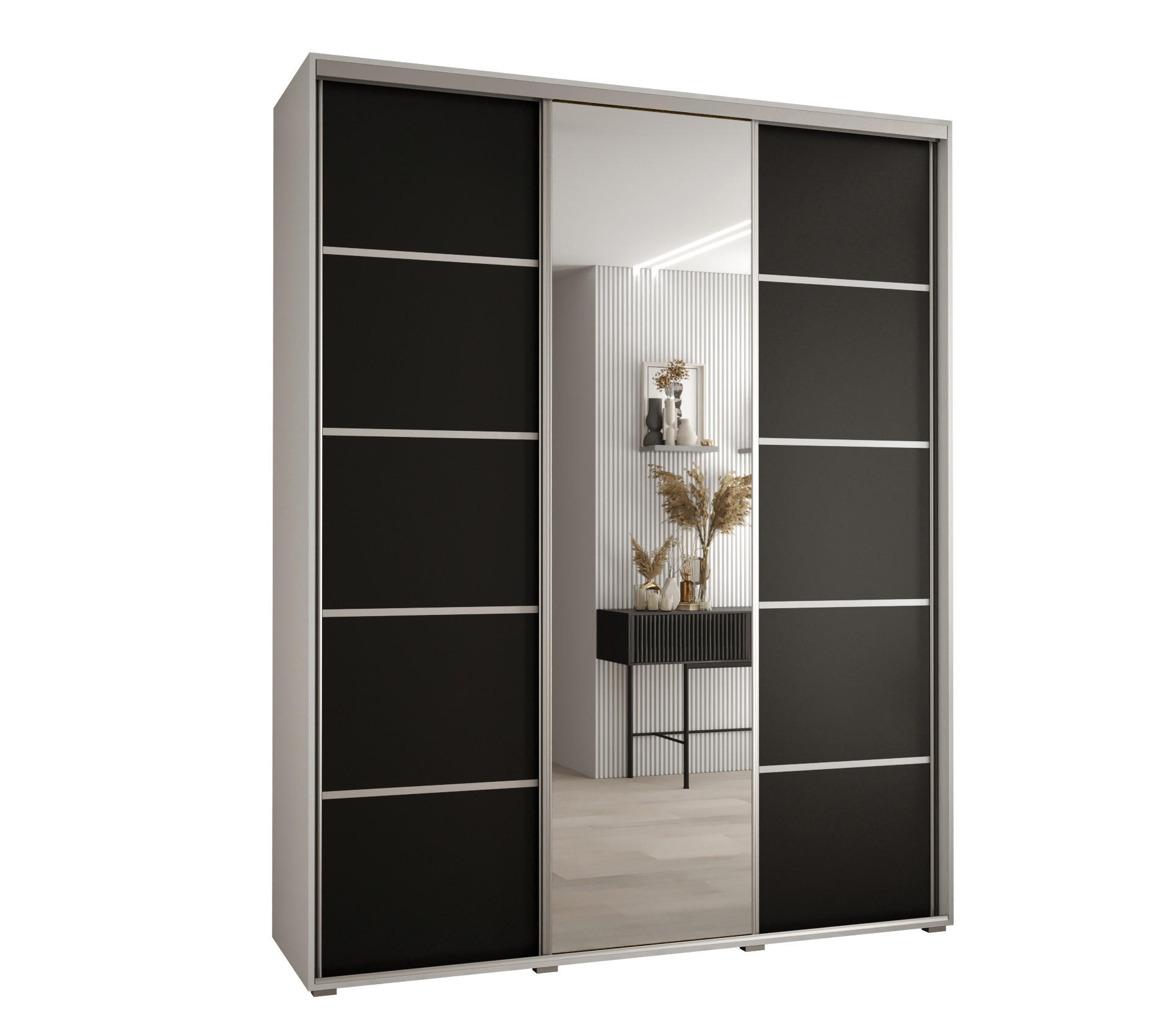 Abiks Möbel Schwebetürenschrank Weiß, Schwarz, Silber 190x235x45 cm