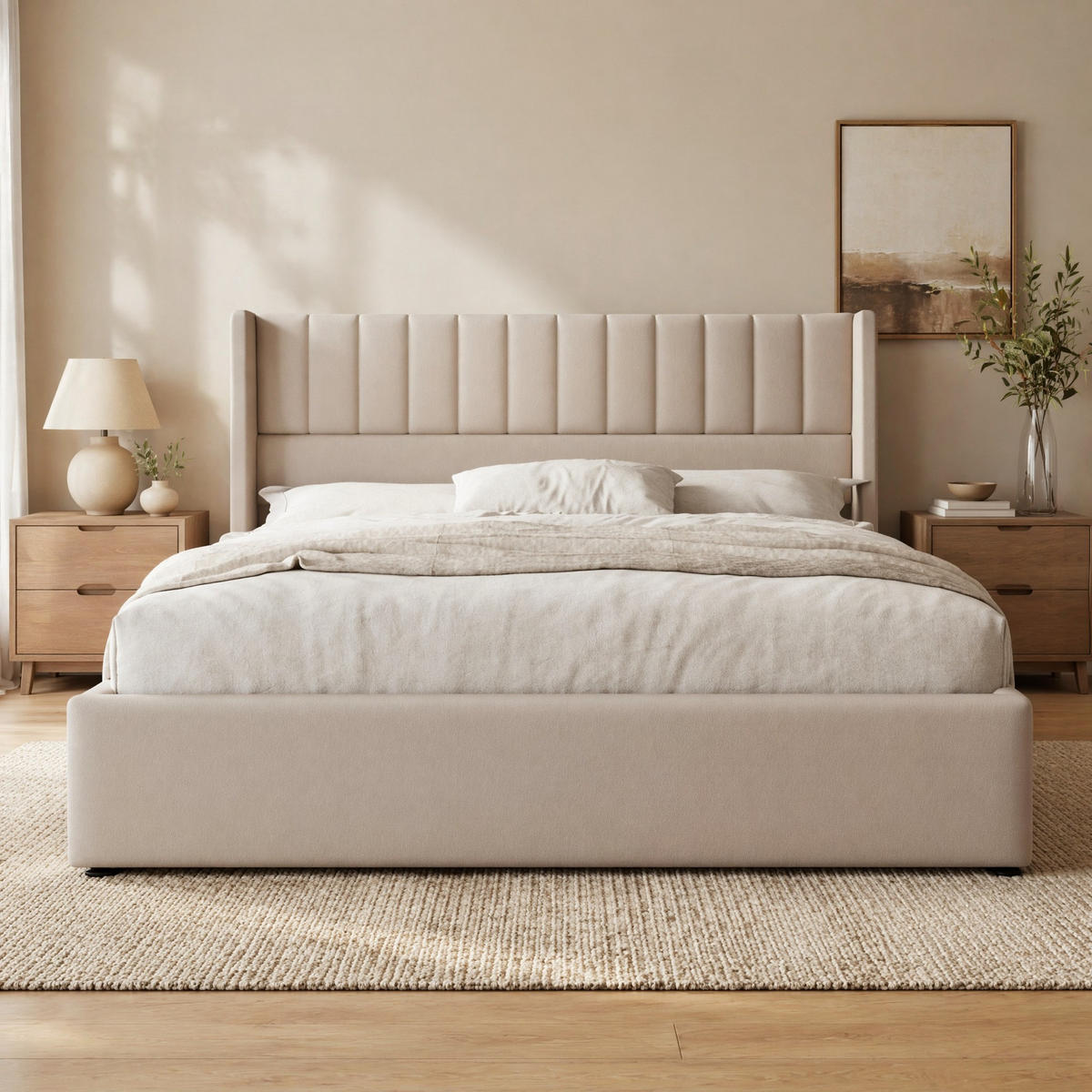 POLSTERBETT 160/200 mit hydraulischem Bettkasten, Leinenbezug und gepolstertem Kopfteil in Beige - Beige, Holzwerkstoff/Textil (160/200cm) - EVRYAE