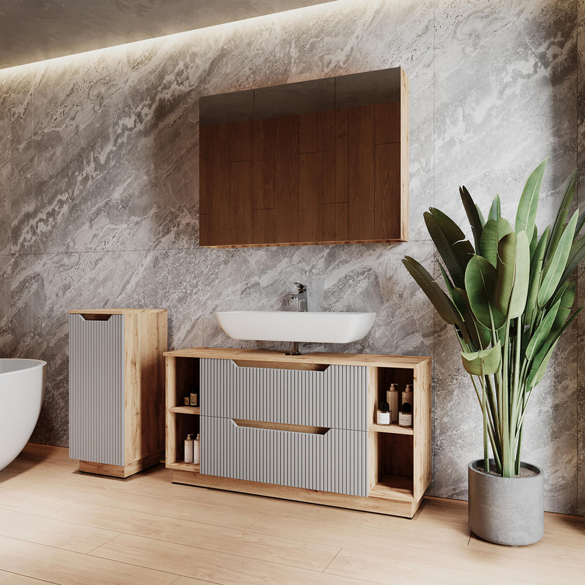 BADMÖBEL-SET Lotta Eiche/grau gestreift 3 Teile - Eichefarben/Grau, Holzwerkstoff (119.2/62.5/35cm) - Vicco