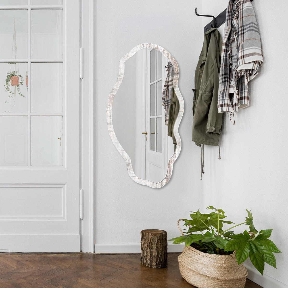 SPIEGEL 90x45 cm asymmetrisch mit Druck - Gesägtes Holz - Transparent, Glas (45/90/0.4cm) - TULUP