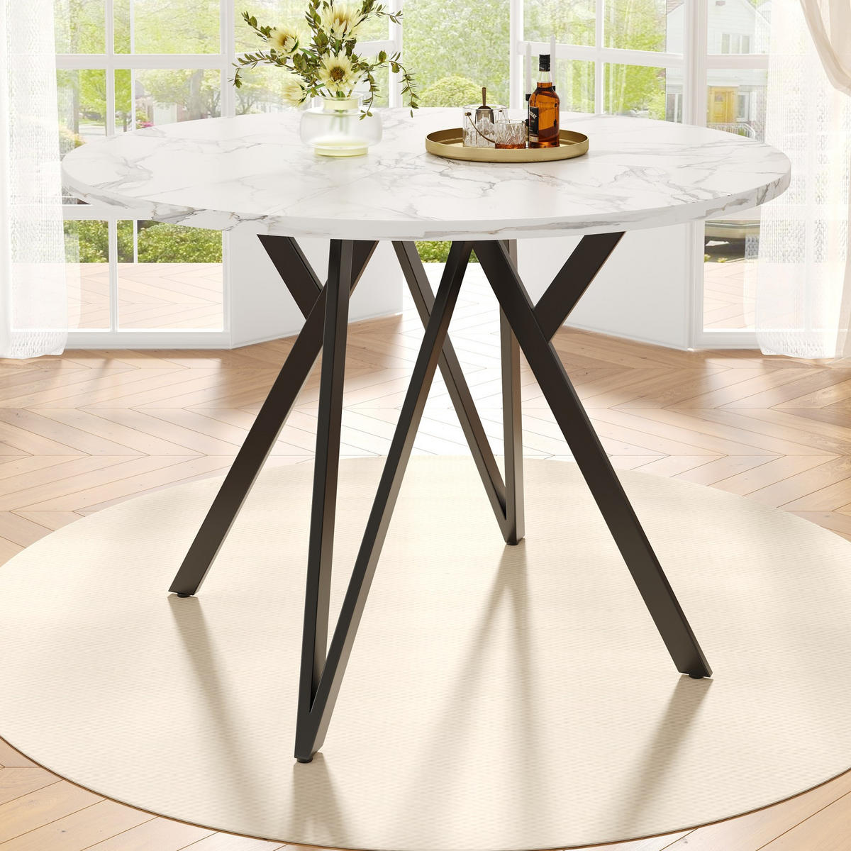 STOL za blagovaonicu 100/100/76 cm crni, MDF s mramornim dekorom, okrugli - crna, drvni materijal (100/100/76cm) - BEAOK