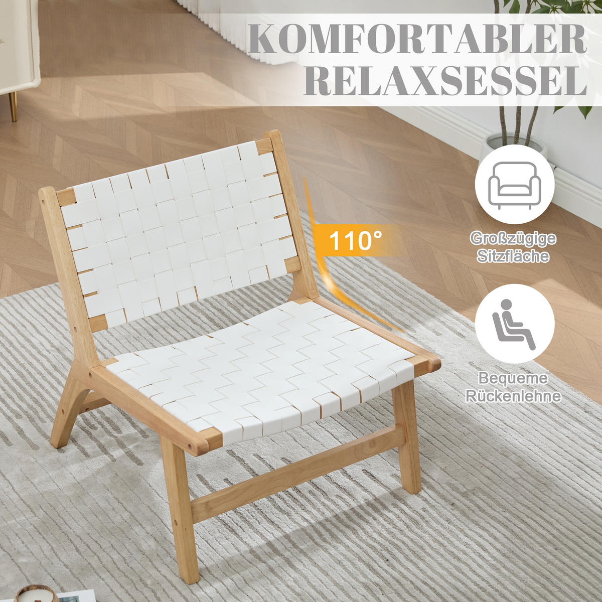 RELAXSESSEL mit Holzgestell, Kunstleder Flechtwerk, Breite Sitzfläche, Weiß - Eichefarben/Weiß, Holz (66/72/71cm) - LVHOM