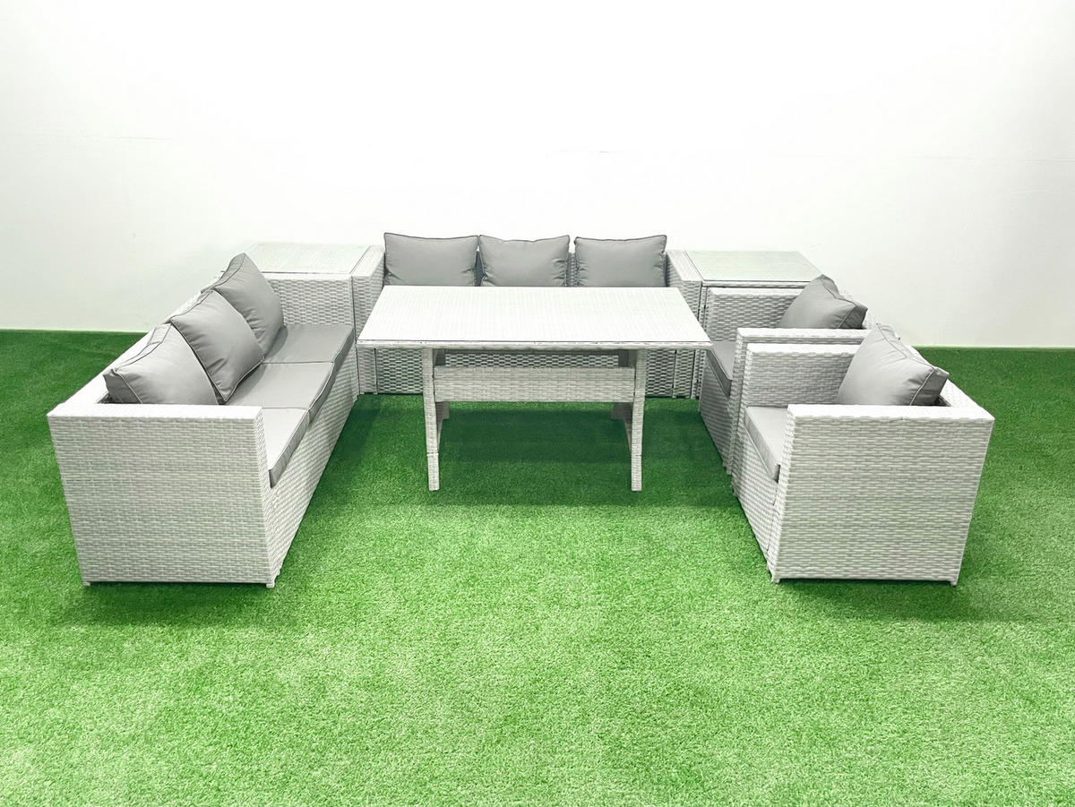GARTENMÖBEL SET mit 3-Sitzer-Sofa und 2 Stühle, Esstisch,2 Beistelltischen Polyrattan Hellgrau 8-Sitzer - Hellgrau/Grau, Glas/Kunststoff - Fimous