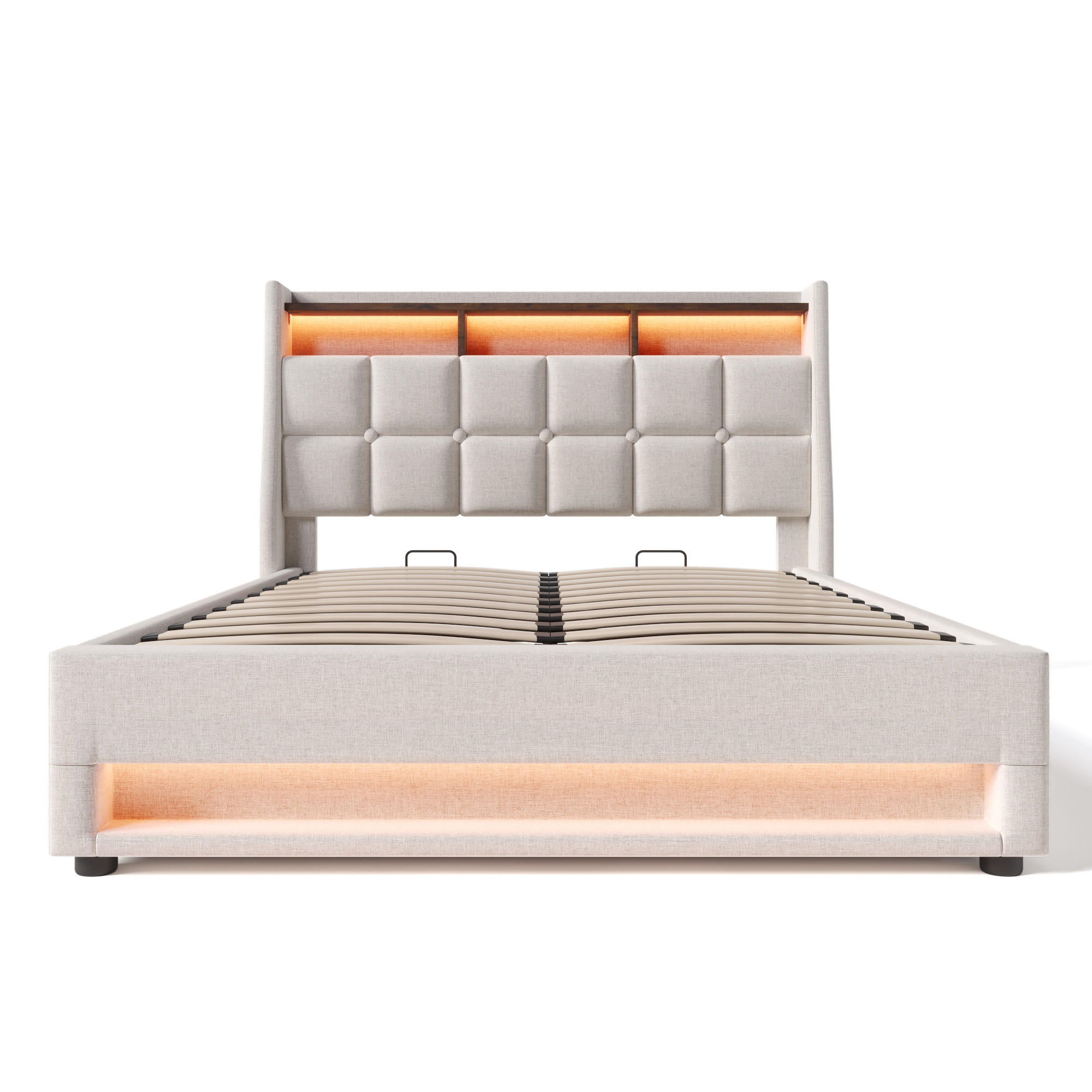 POLSTERBETT 180×200 cm aus Leinen-Stoff mit LED-Beleuchtung und USB-Anschluss, beige - Beige, Textil (180/200cm) - Luhomfu