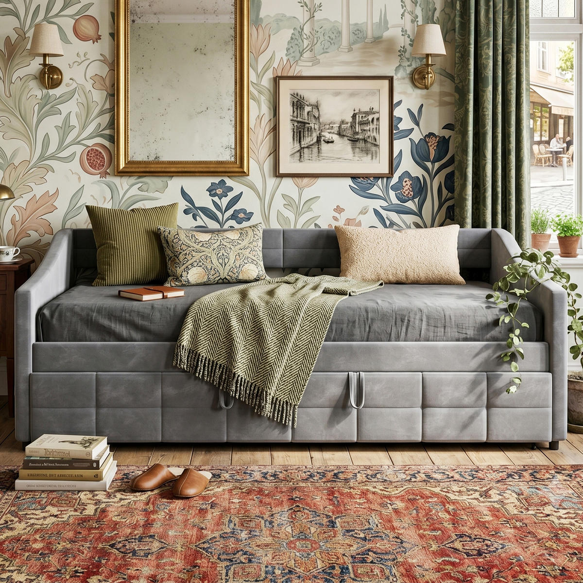 POLSTERBETT Tagesbett 90/200 cm erweiterbar auf 180/200 cm Samtoptik Grau - Grau, Textil (90/200cm) - Creahappy