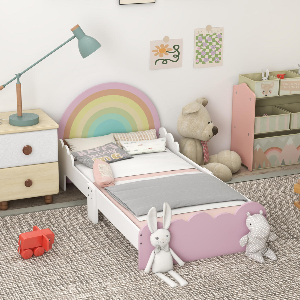 KINDERBETT 140x70 cm DE-14552 mit Regenbogen-Design, inkl. Lattenrost Rosa - Pink, Holzwerkstoff (70/140cm) - ComfortXL