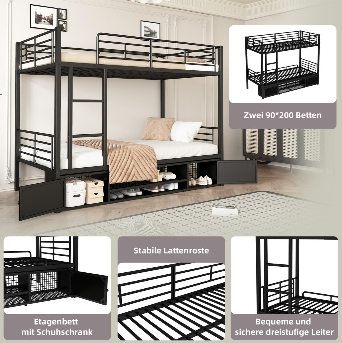 ETAGENBETT aus Metall 90x200 cm Schwarz mit Schuhablage, 2 Schränken, Leiter und Fallschutz - Schwarz, Metall (90/200cm) - IVMEU
