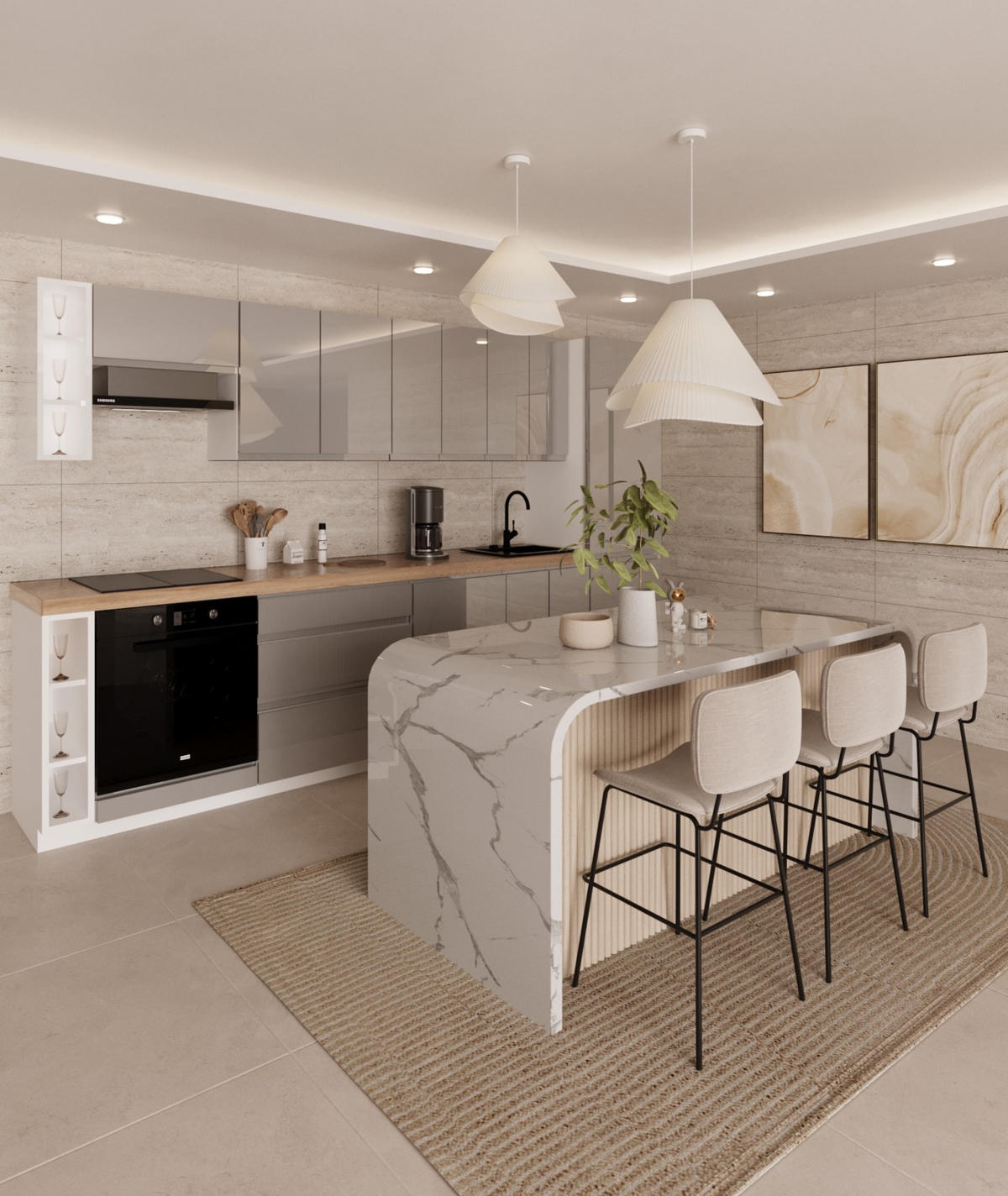 KÜCHENZEILE 340 cm - Aspen KA12-M340- in Grau/Hochglanz - Grau, Holz (340/212/58cm)