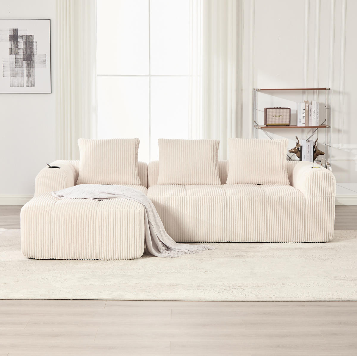 ECKSOFA 253/158/61 cm beige aus Cord mit Becherhaltern - Beige, Textil (158/253cm) - OKWISH