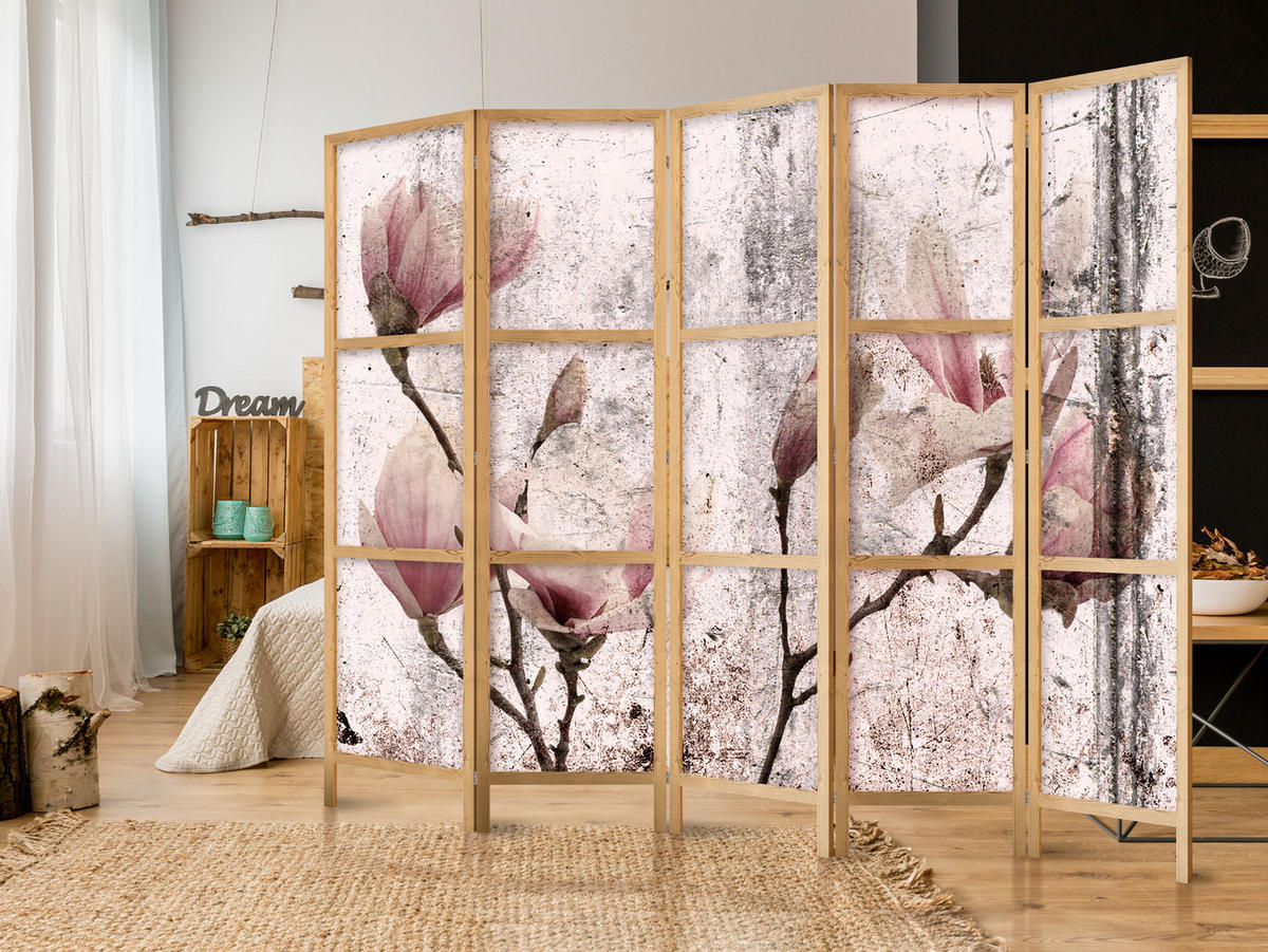 PARAVENT Japanischer 5-tlg 225x172 cm Magnolien Vintage - Beige, Holz/Textil (225/172/3cm) - Muralo