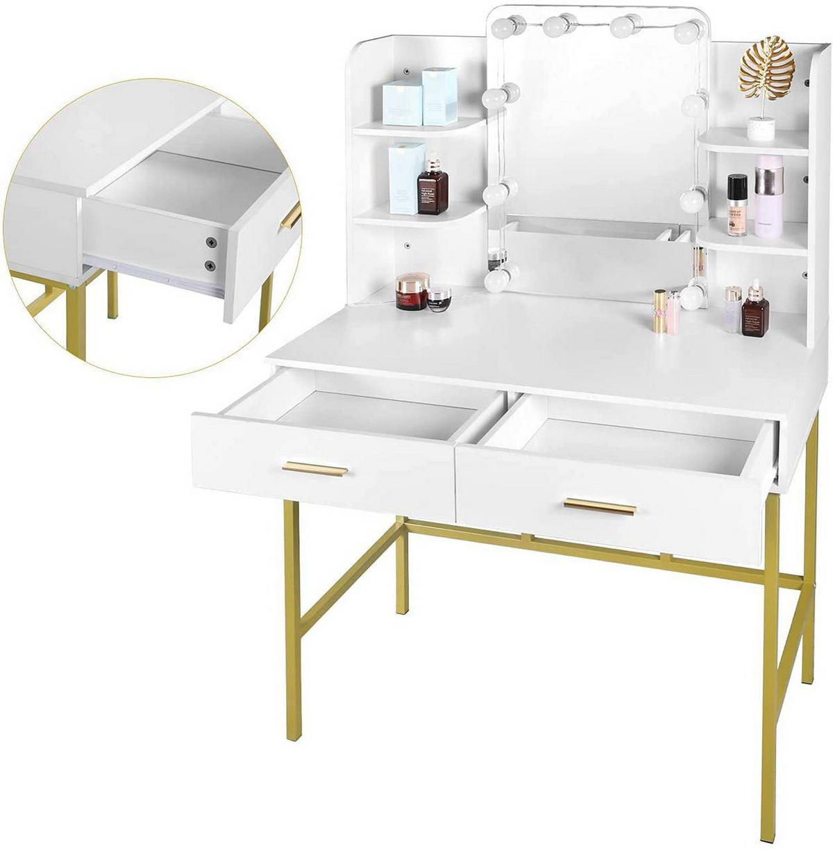 SCHMINKTISCH mit Spiegel LED-Beleuchtung, Metall, Weiß Gold - Goldfarben/Weiß, Holzwerkstoff/Metall (90/136/45cm) - Woltu