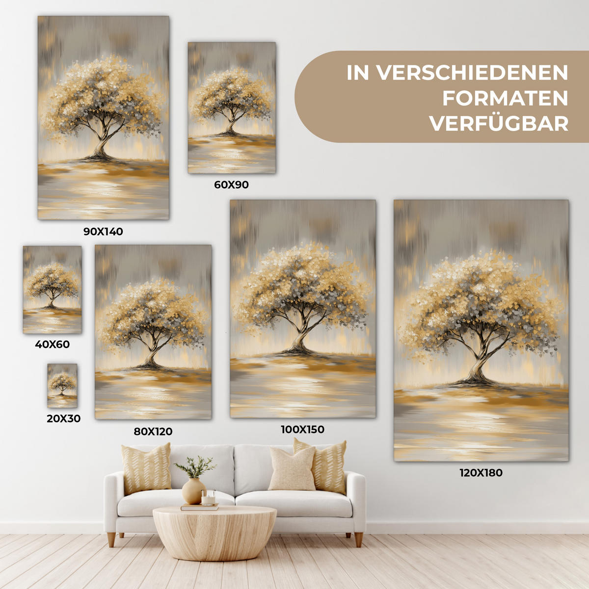 LEINWANDBILD Gemälde - Baum - Abstrakt - Blätter Deko Groß 90x140 cm - Beige, Textil (90/140cm) - MuchoWow