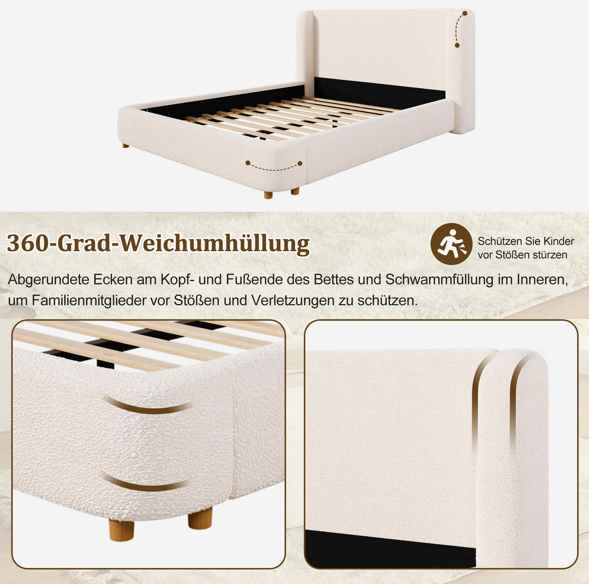 POLSTERBETT mit Bouclé-Bezug 180x200 cm Beige mit Lattenrost und abnehmbarem Kopfteilbezug - Beige, Textil (180/200cm) - Modfu