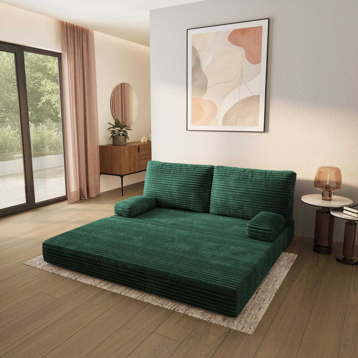 POHOVKA z pěny SILAR s funkcí spaní Manšestrová látka Lahvově zelená - tmavě zelená/zelená barva, textil (170/86/80cm) - MASSENO