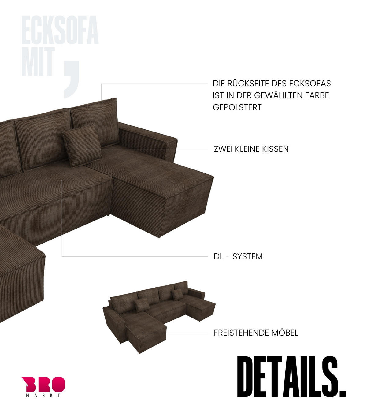 WOHNLANDSCHAFT Dexter U mit Schlaffunktion Braun Cord - Braun, Textil (310/80/141cm) - Bromarkt