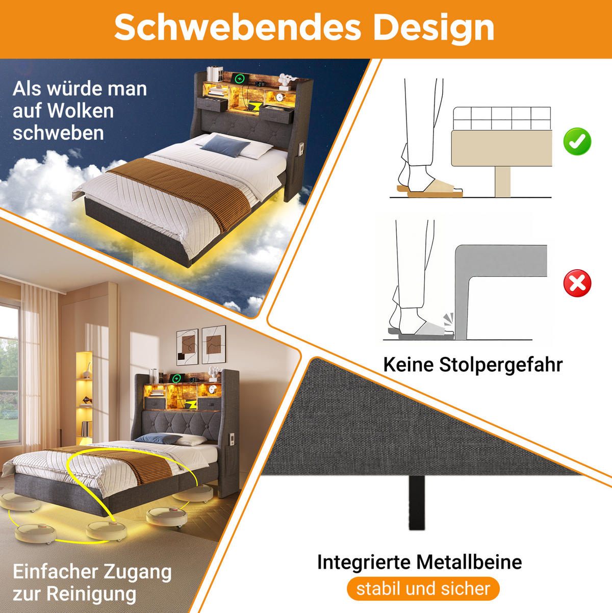 POLSTERBETT 90/200 cm mit LED-Beleuchtung, USB- und Type-C-Ladeanschlüssen sowie Stauraumkopfteil und Matratze, Grau - Grau, Textil (90/200cm) - Redom